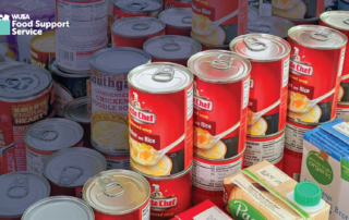 A variety of canned and boxed food items displayed, labeled "Food Support Service" in the top left corner, ready for the Food Sorting Challenge.