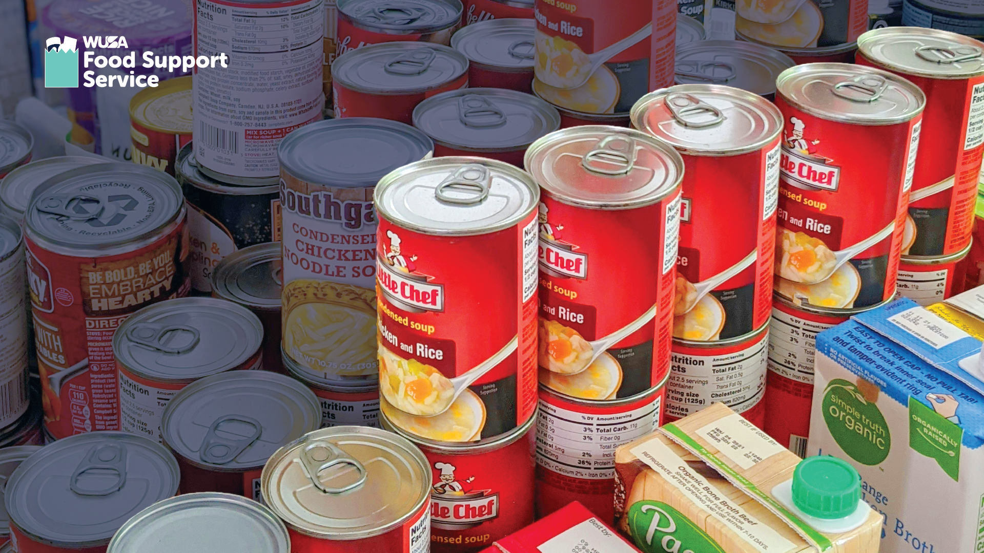 A variety of canned and boxed food items displayed, labeled "Food Support Service" in the top left corner, ready for the Food Sorting Challenge.