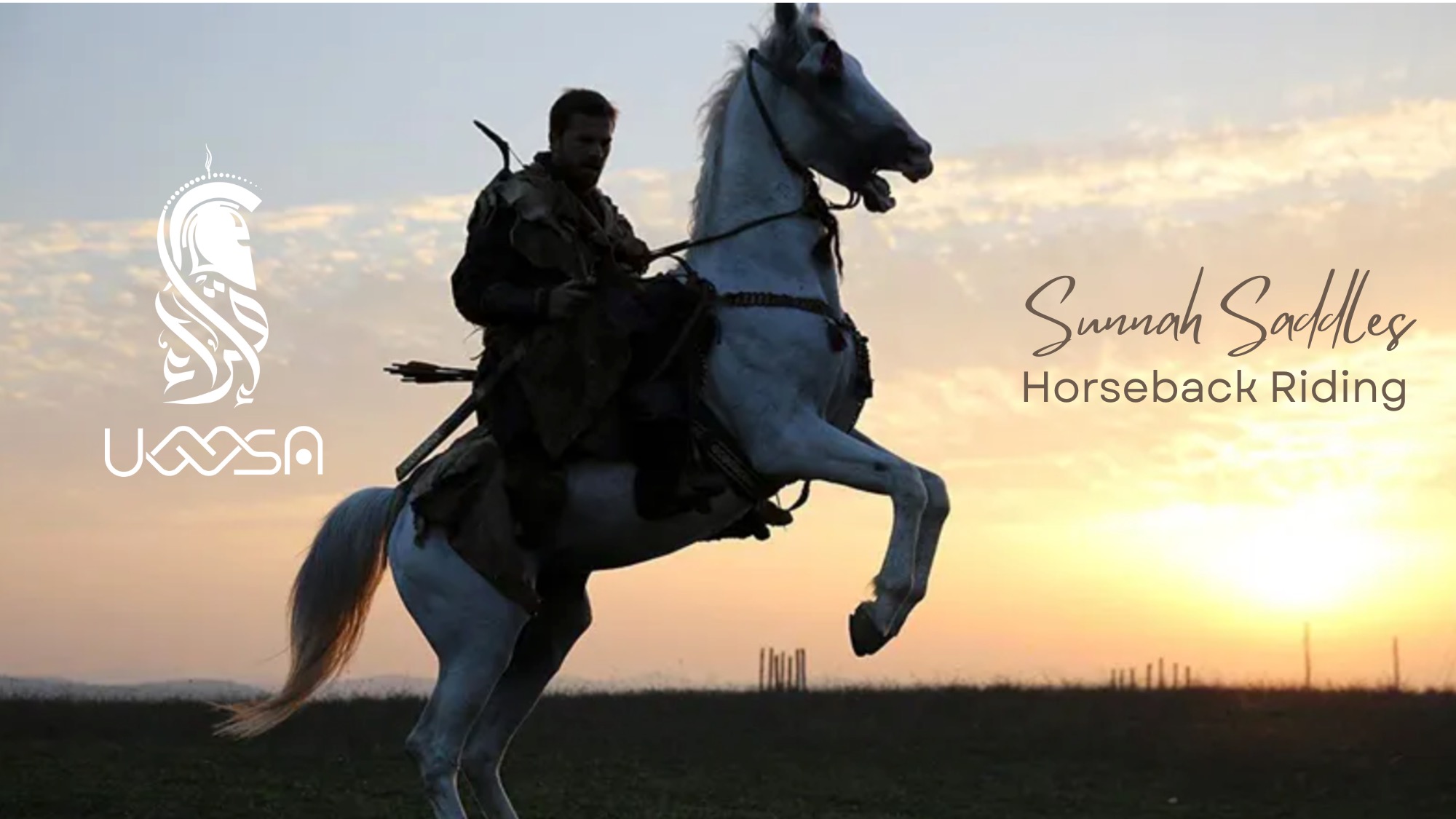 A person in traditional attire rides a white horse rearing up at sunset, with text "Sunnah Saddles Horseback Riding for Sisters.