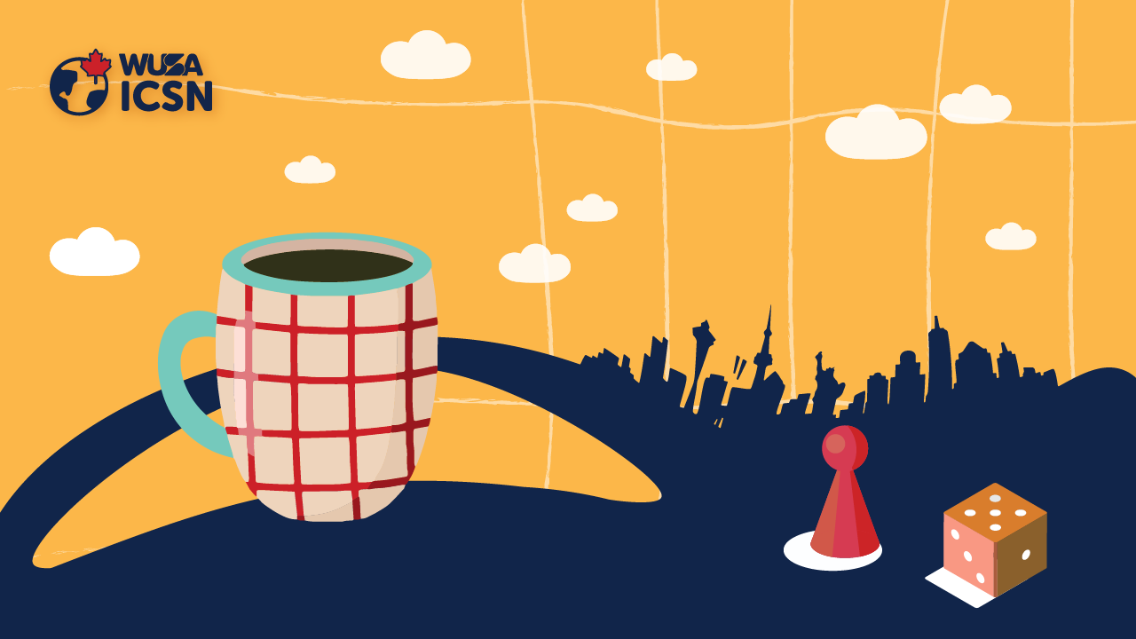 A coffee mug, board game piece, and die with a city skyline on a yellow background with clouds.