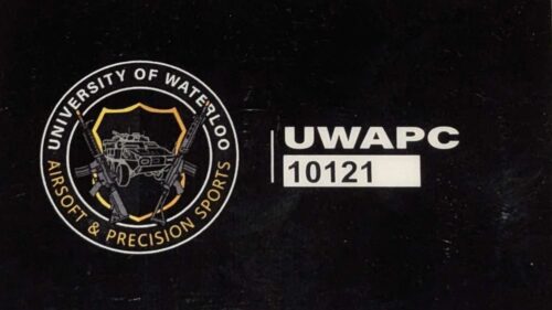 Black card featuring the UWAPC Club Standard logo of "University of Waterloo Airsoft & Precision Sports" and the text "UWAPC 10121".