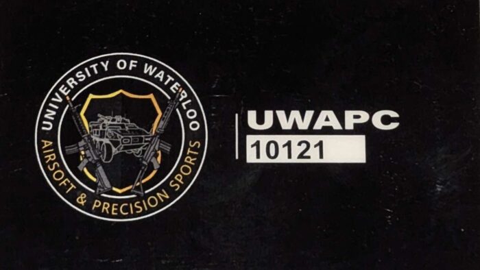Black card featuring the UWAPC Club Standard logo of "University of Waterloo Airsoft & Precision Sports" and the text "UWAPC 10121".