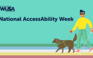 Illustration of a man with sunglasses using a white cane and guide dog, with text: National AccessAbility Week, celebrating inclusion and equal opportunities for all.