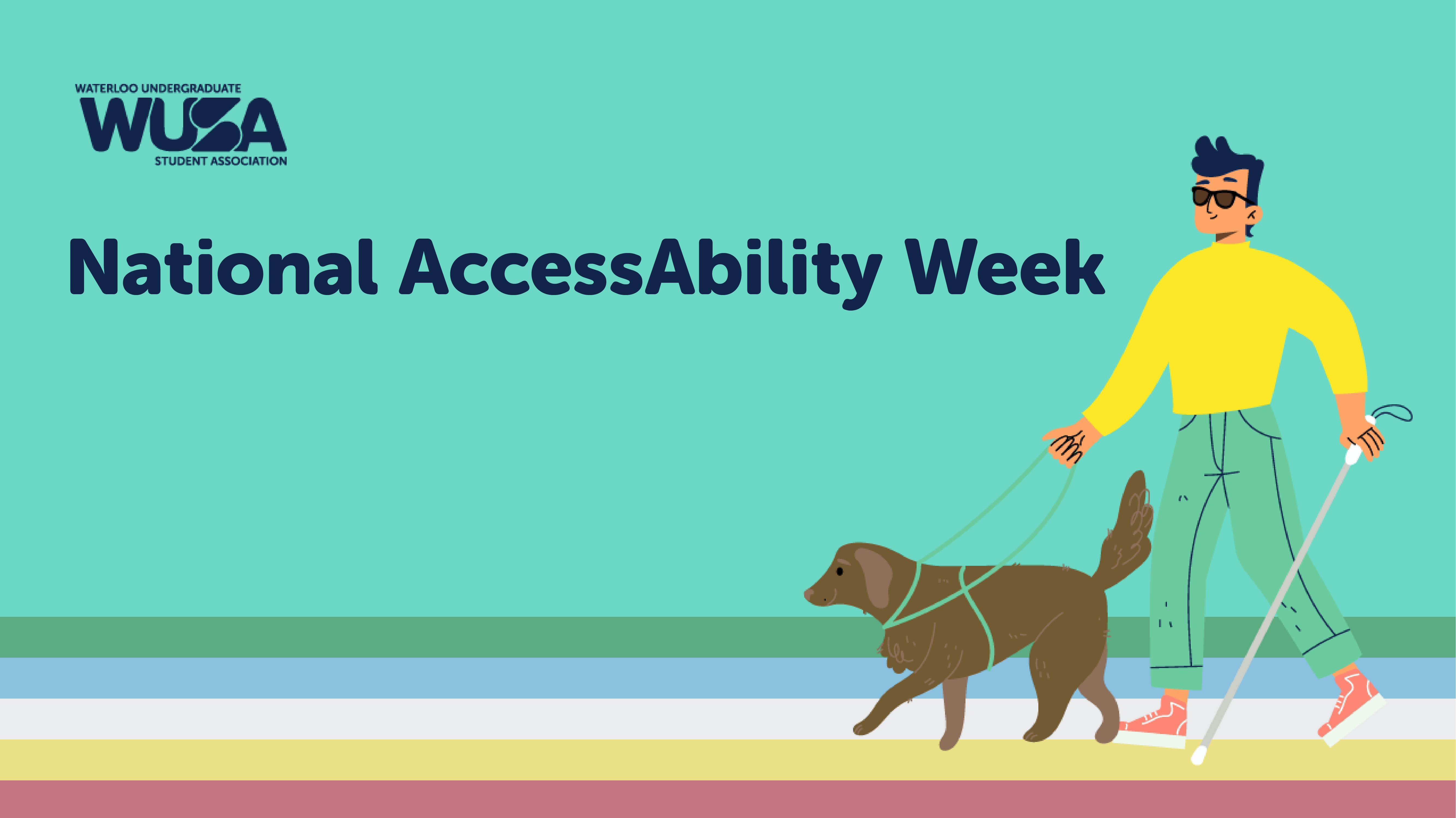 Illustration of a man with sunglasses using a white cane and guide dog, with text: National AccessAbility Week, celebrating inclusion and equal opportunities for all.