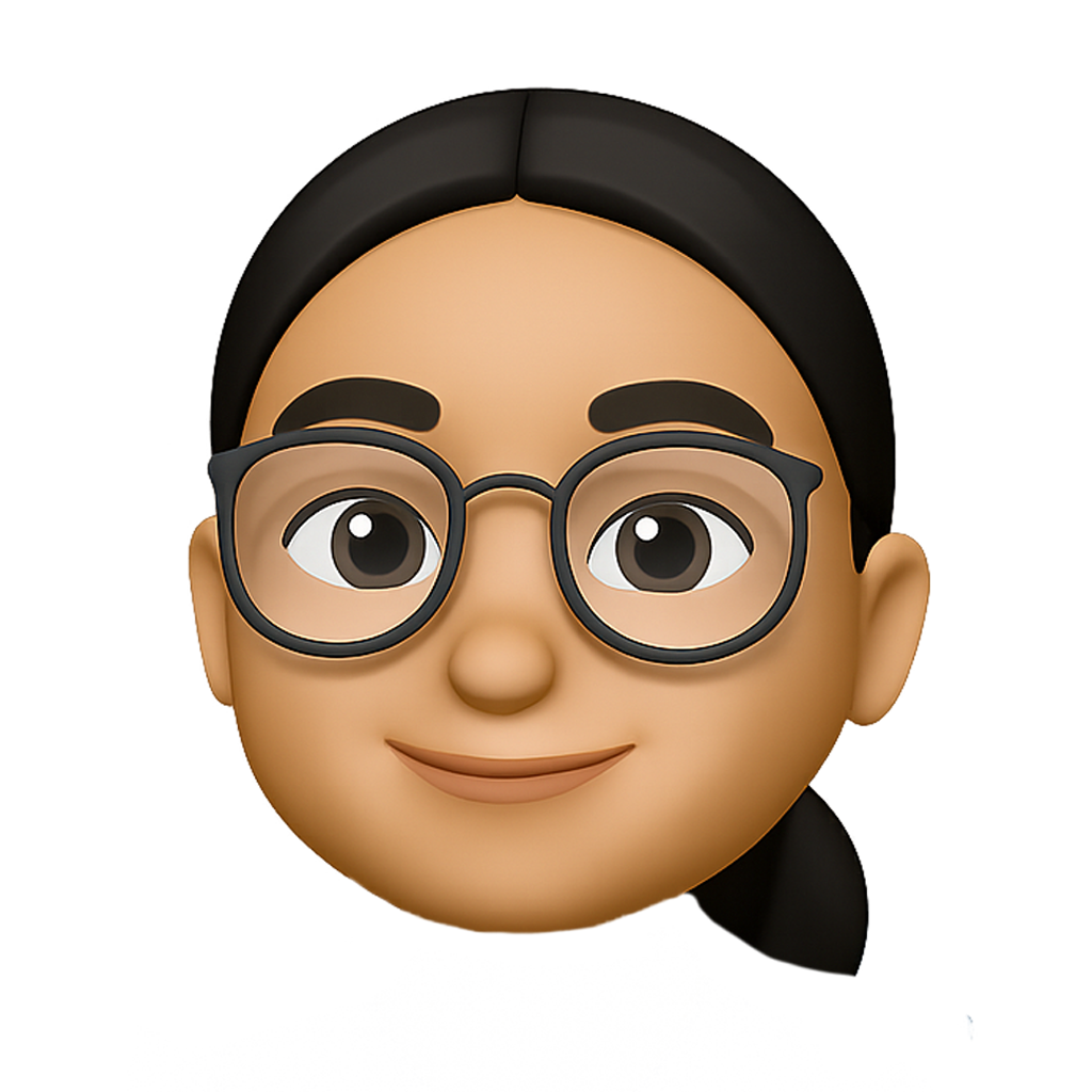 3D cartoon avatar with glasses, long dark hair in a ponytail, and wearing a blue shirt, smiling.