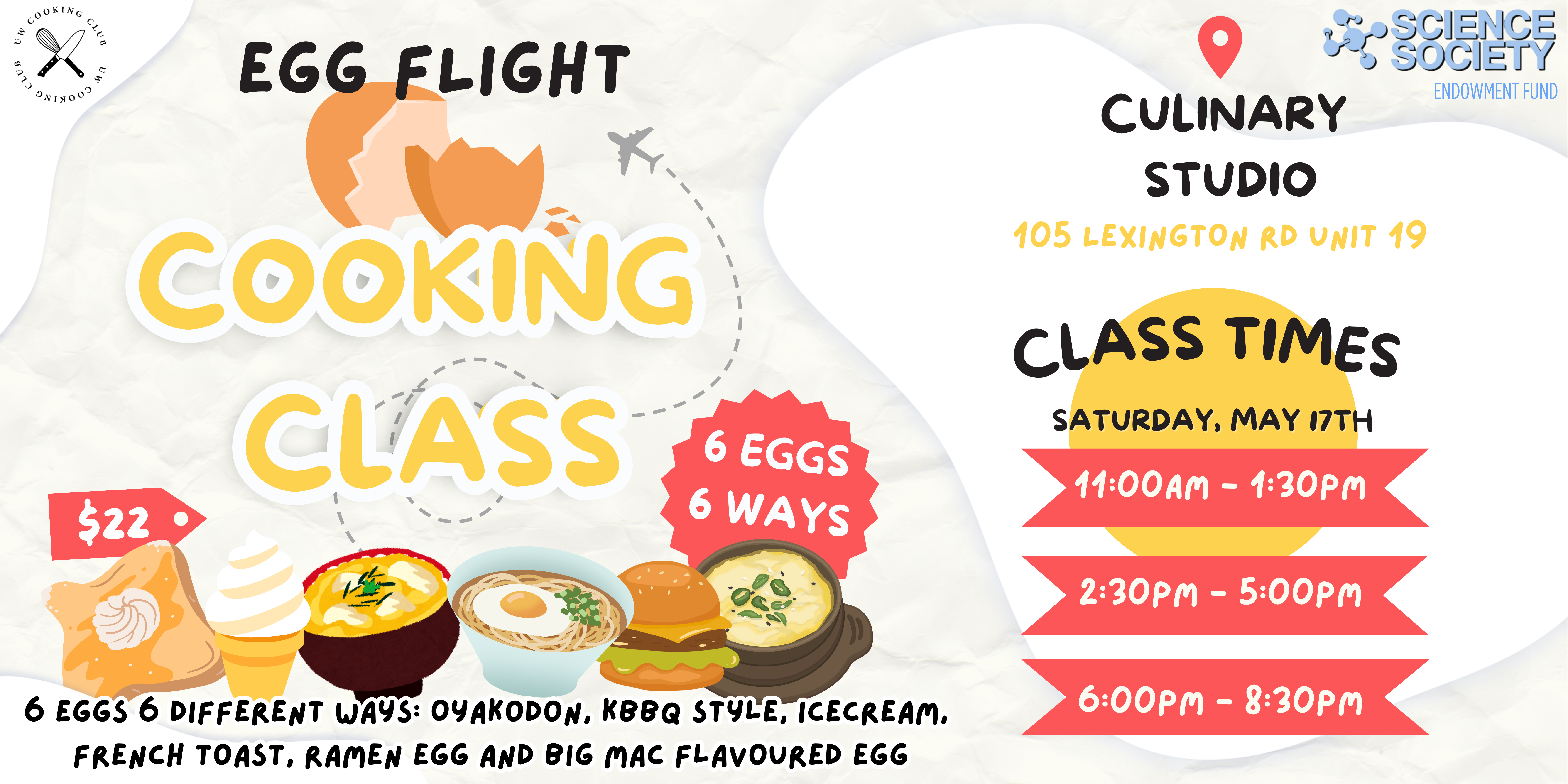 Colorful flyer for the Egg Flight Cooking Class, showcasing a variety of egg dishes and listing class times on Saturday, May 17.