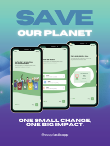 Three phones display an eco app; text reads "Save Our Planet" and "One small change, one big impact." 