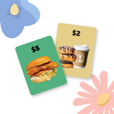 Two cards show a $5 chicken sandwich and a $2 coffee with donuts, with flower illustrations in the background.