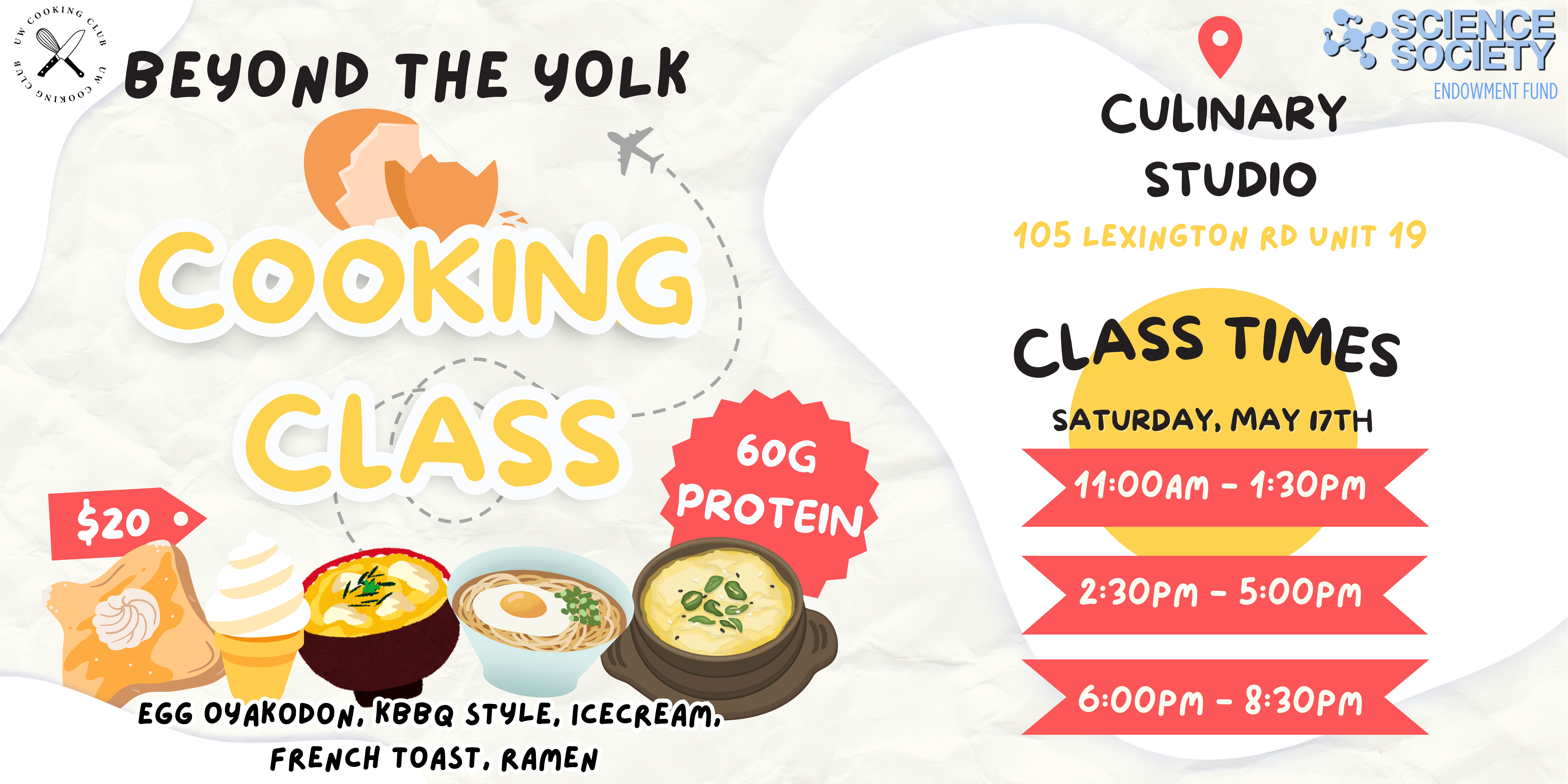 Flyer for "Beyond the Yolk" cooking class on May 17 at 105 Lexington Rd—choose from three time slots and master delicious egg dishes.