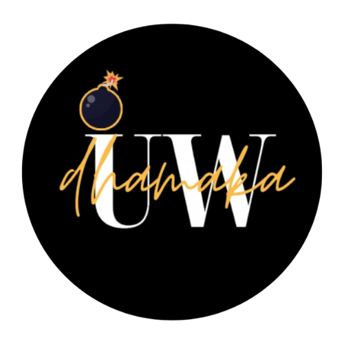 The UW Dhamaka Membership logo features bold white and yellow script with a bomb icon and lit fuse above the text—ideal for membership branding or high-energy events.