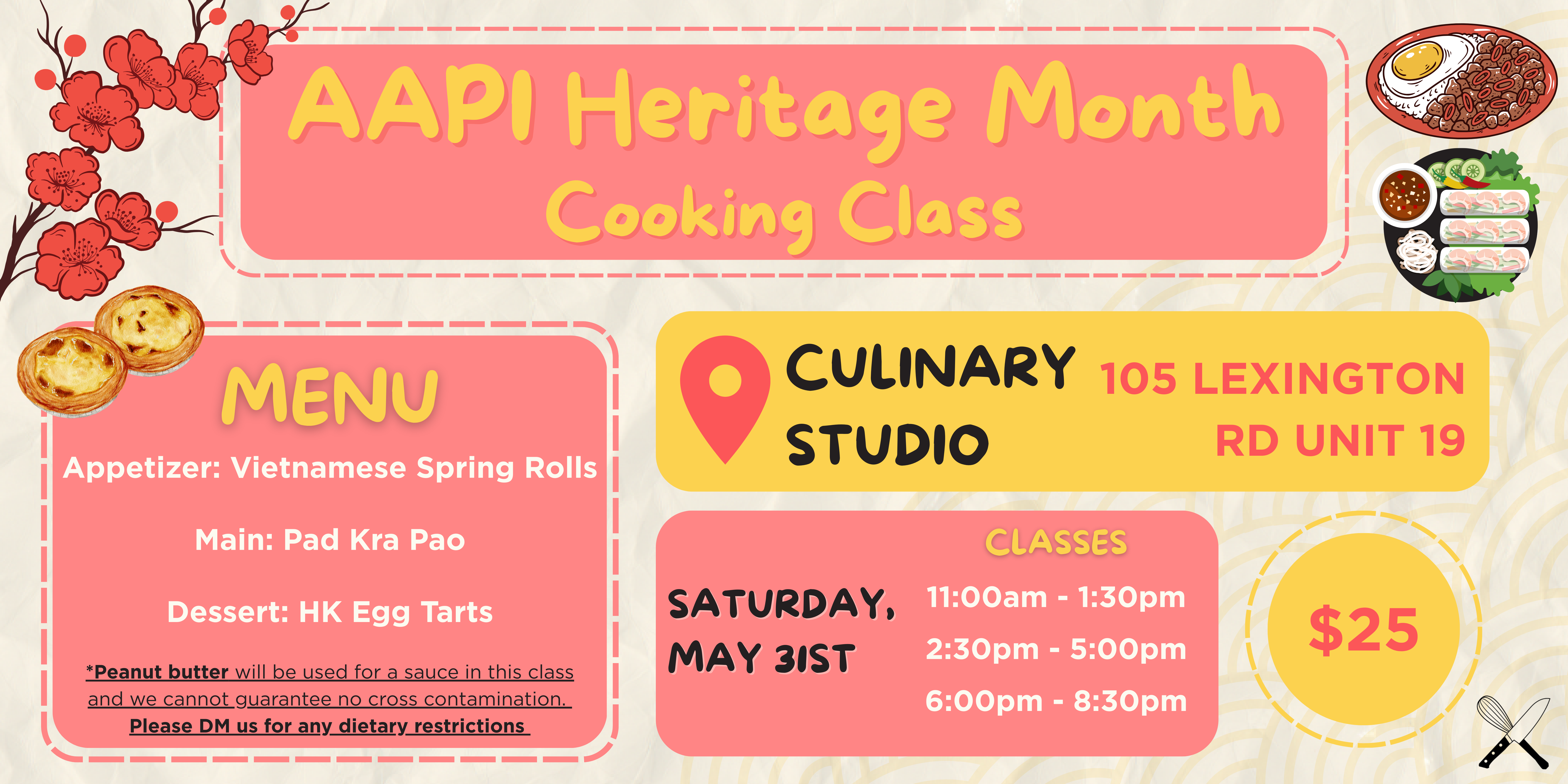 AAPI Heritage Month Cooking Class flyer featuring the menu, class times, location, and a $25 price.