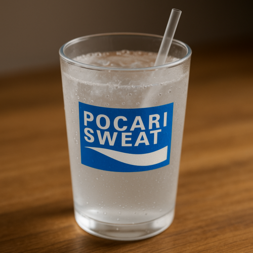 A glass of UWJSA Pocari Sweat Drink with a straw, filled with a clear, fizzy beverage, rests on a wooden surface—ideal for a refreshing break.
