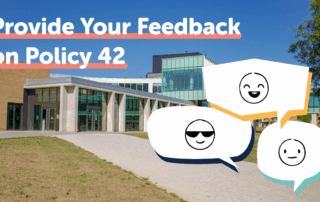 Modern building with text "Provide Your Feedback on Policy 42" and three speech bubbles with face icons.