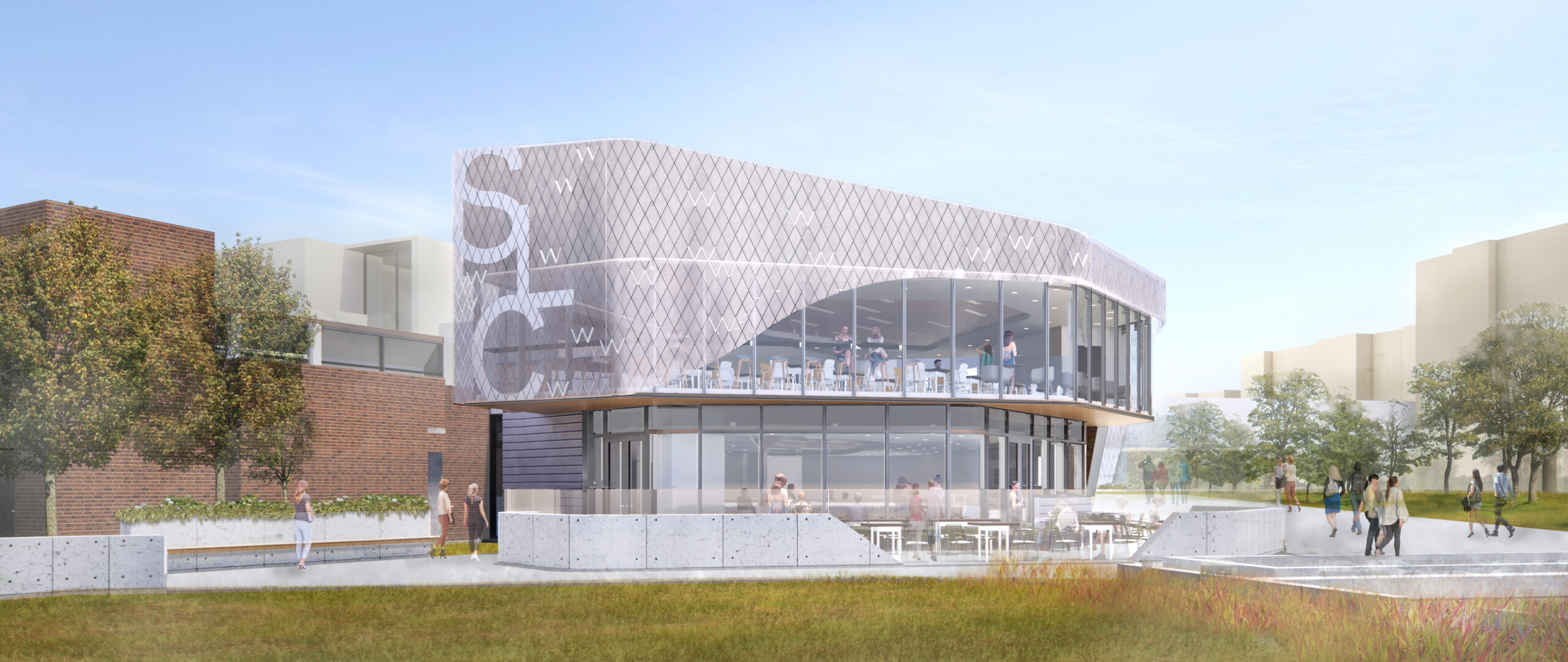 Modern two-story building with large glass windows and outdoor seating, surrounded by grass and a few trees—a perfect spot to enjoy the SLC Lounge expansion.