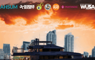 Logos of student associations above a city skyline with a sunset and a boat in the foreground, capturing the vibe of a 19+ event on the Toronto Harbour.