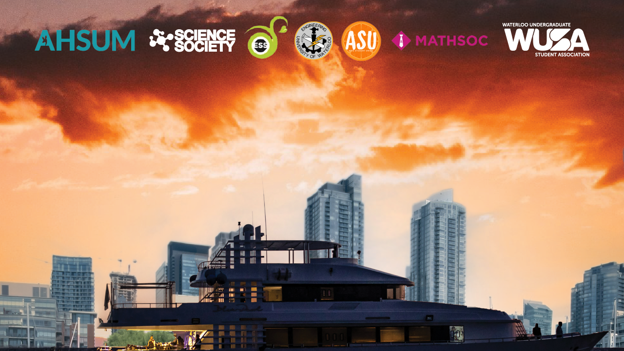Logos of student associations above a city skyline with a sunset and a boat in the foreground, capturing the vibe of a 19+ event on the Toronto Harbour.
