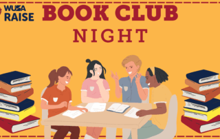 Four people sit around a table reading and talking, with stacks of books nearby; text reads "Book Club Night.