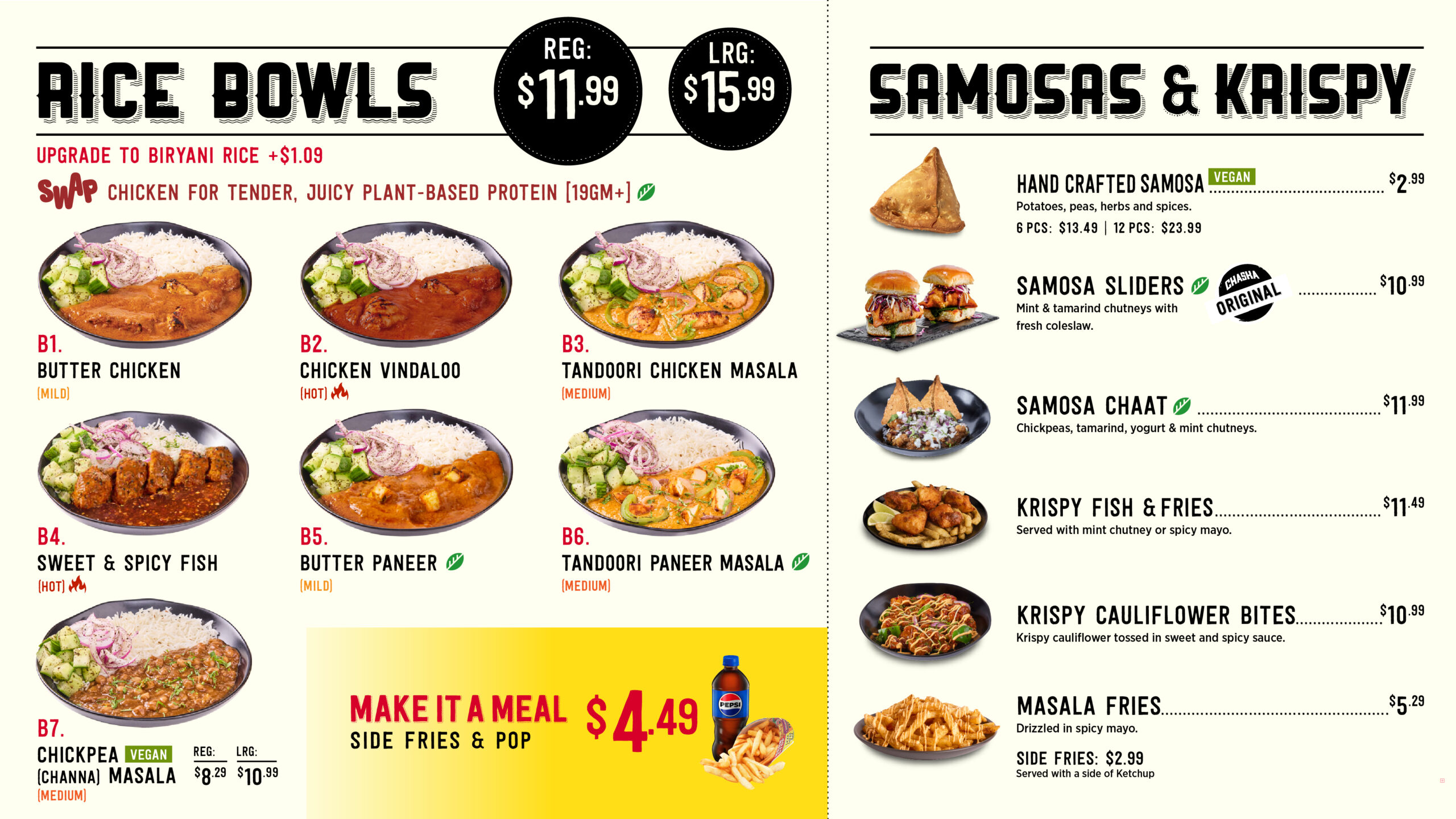 Menu showing rice bowls with meat or vegetarian options, samosas, fries, and meal deals with prices and images.