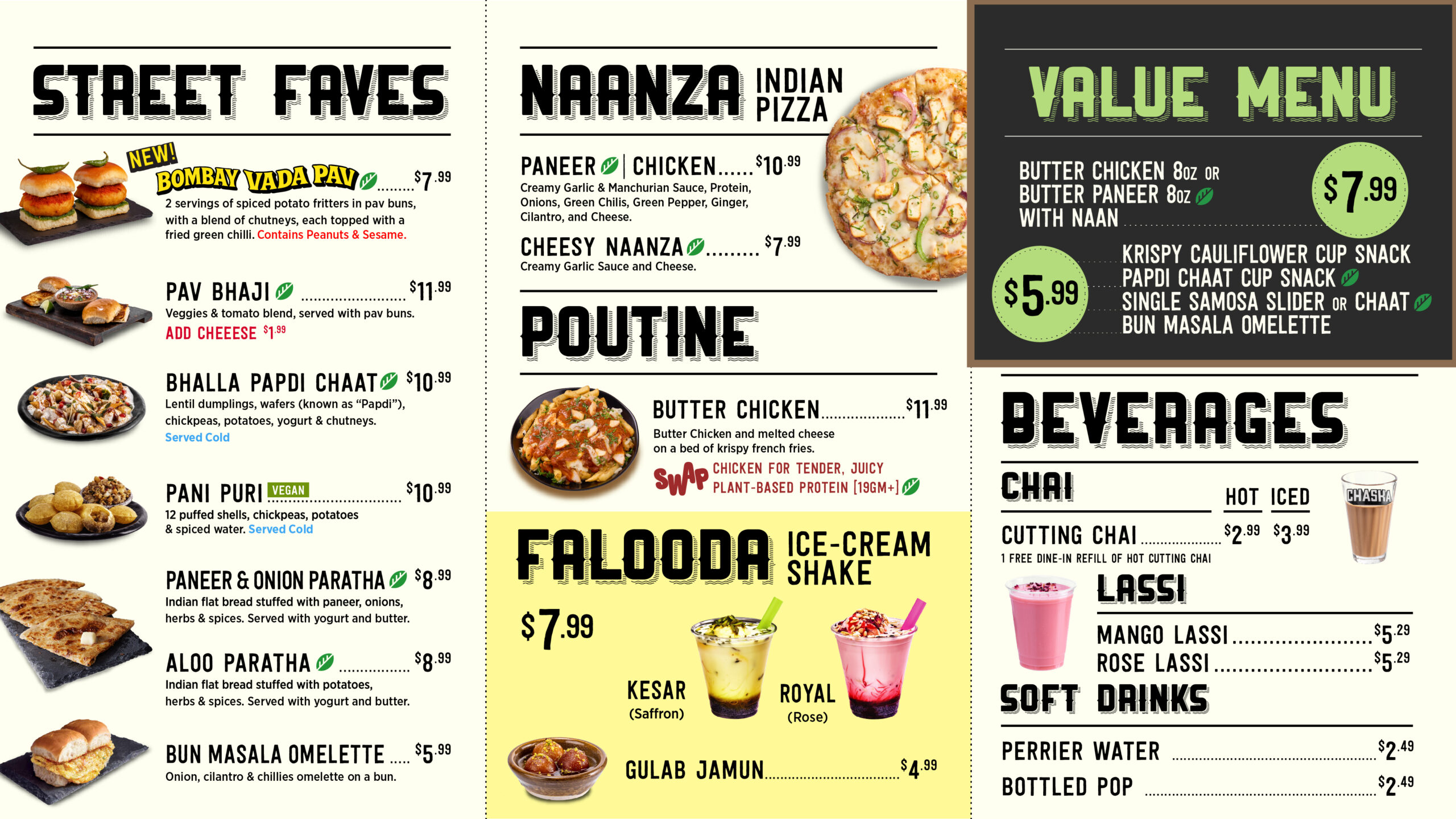 Menu with sections for street food, naan pizza, poutine, falooda shakes, value menu, and beverages.