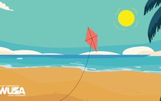 Red kite soaring on a sunny Beach Trip, with palm tree and ocean in view; WUSA logo featured in the corner.