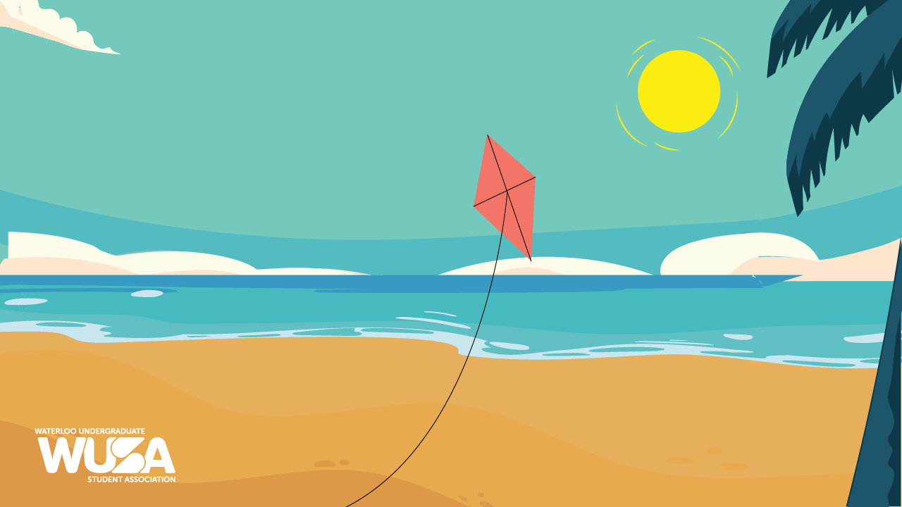 Red kite soaring on a sunny Beach Trip, with palm tree and ocean in view; WUSA logo featured in the corner.