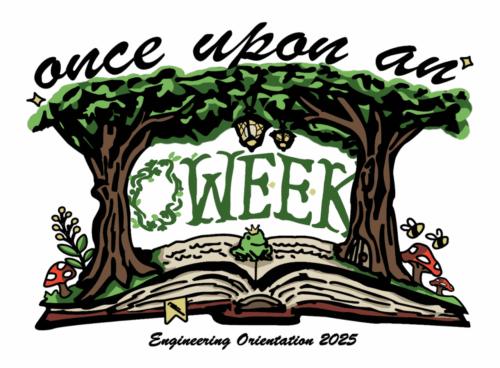 Two large trees arch over an open book with "OWeek" and "Engineering Orientation 2025" written inside.