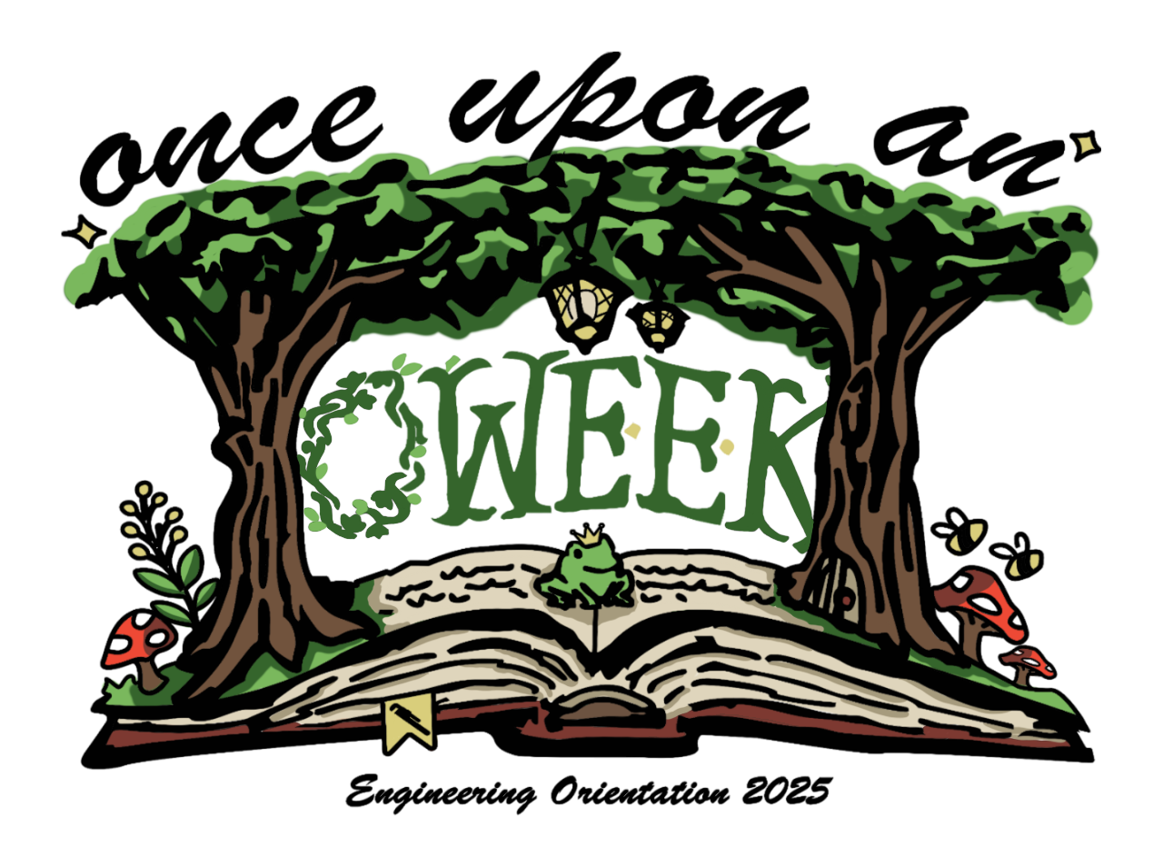 Two large trees arch over an open book with "OWeek" and "Engineering Orientation 2025" written inside.