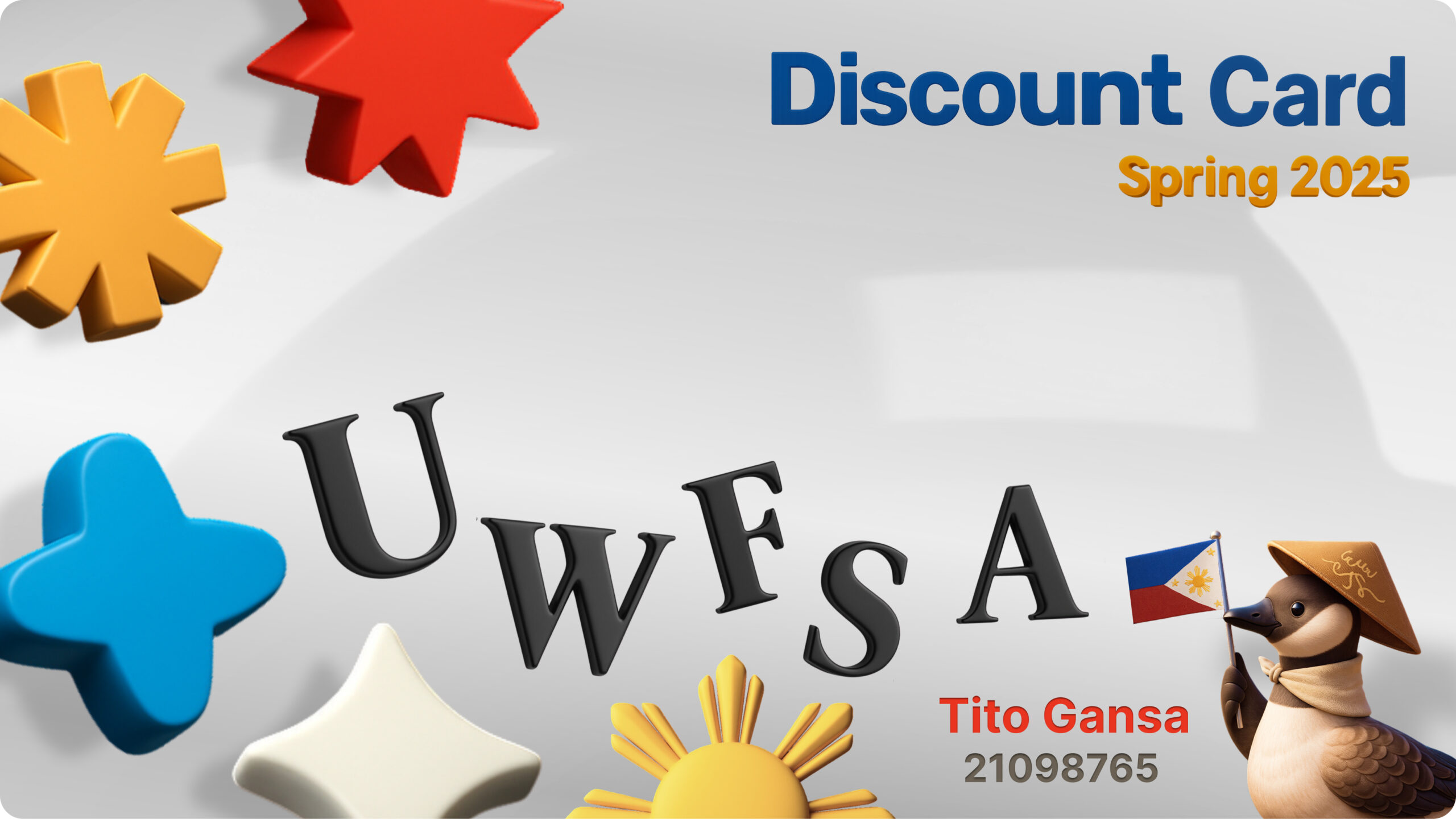 The FSA Discount Card features playful shapes, text, a sun, the Philippine flag, and a bird in a hat with Tito Gansa’s name—ideal for fun discounts or FSA savings!.