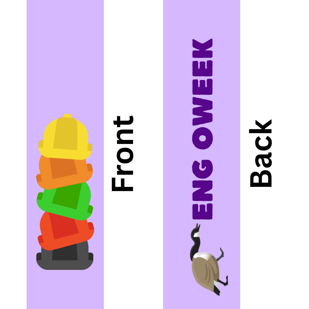 Illustration of O-Week hats, a hard hat, and Engineering Orientation Flight Tags on the front; goose and "ENG O-WEEK" for Engineering Orientation on the back; set against a purple background.