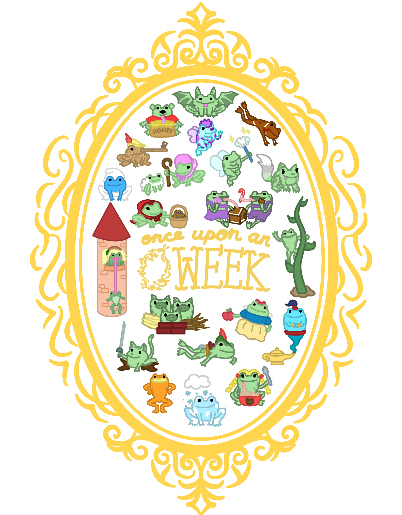 Framed illustration featuring whimsical frogs, engineering-themed objects, and "once upon an Oweek"—a perfect tribute to the Engineering Orientation Hoodie season.
