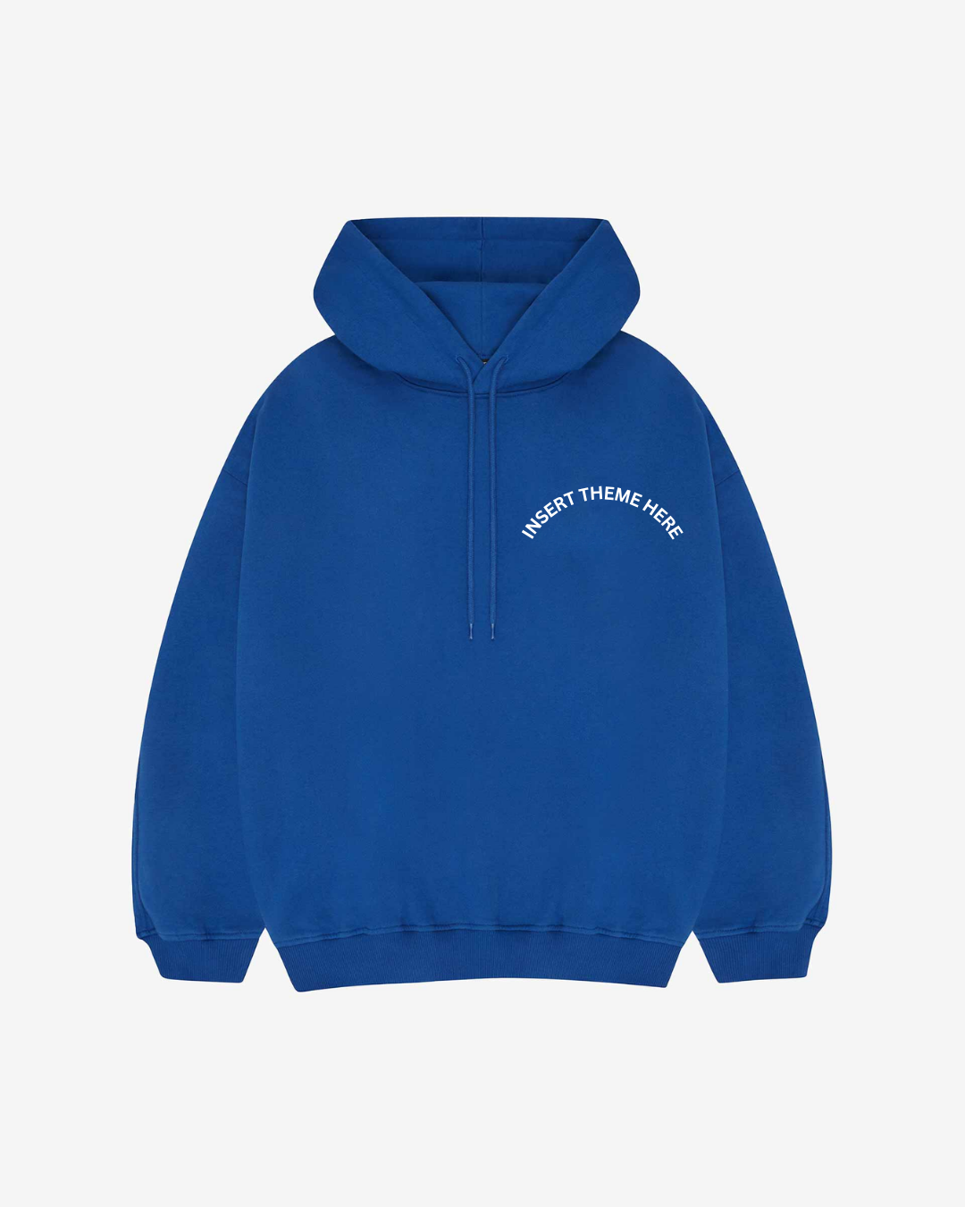 Science Orientation Hoodie in blue with a hood and front pocket, featuring the text "INSERT THEME HERE" on the left chest.