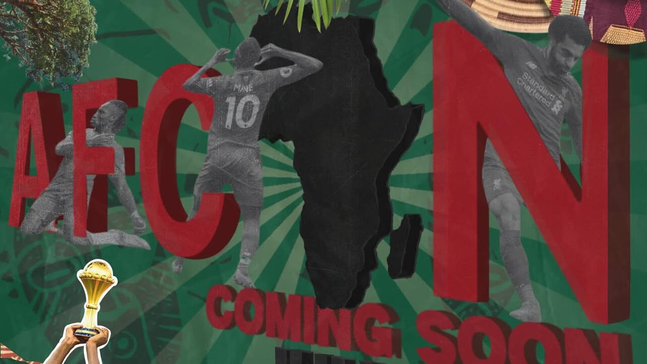 AFCON EVENT graphic featuring footballers, trophies, and "COMING SOON JULY 20" text on an Africa-shaped backdrop.