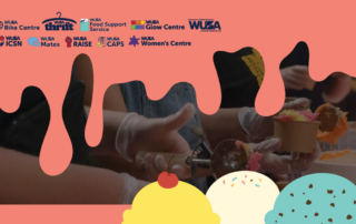 Hands serving ice cream with a drippy pink border and WUSA service logos along the top of the image, capturing the spirit of Midterm Meltdown.