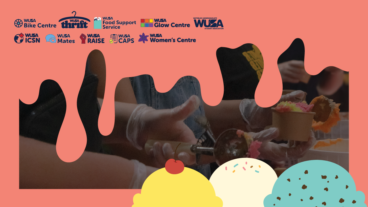 Hands serving ice cream with a drippy pink border and WUSA service logos along the top of the image, capturing the spirit of Midterm Meltdown.