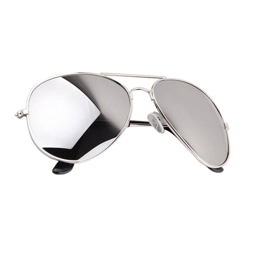 Silver aviator sunglasses with mirrored lenses rest on a white surface beside the Engineering Orientation EdCom Carabiner (Copy), blending classic style and practical design.