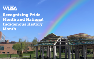 A rainbow arches over a gazebo with text celebrating Pride, visibility, and National Indigenous History Month.