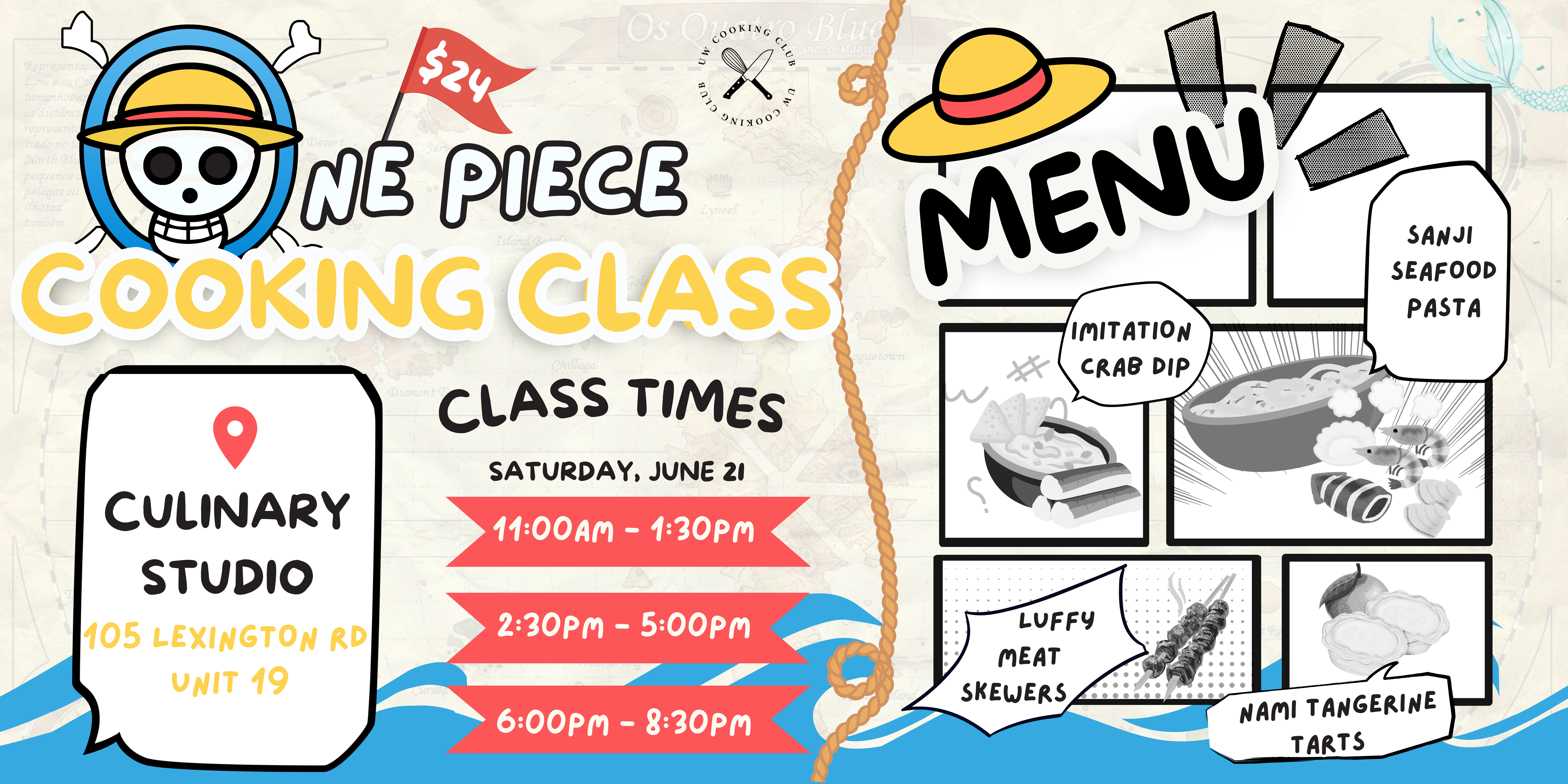 Colorful Cooking Class flyer inspired by One Piece, featuring class times, address, and a menu of anime-themed dishes.
