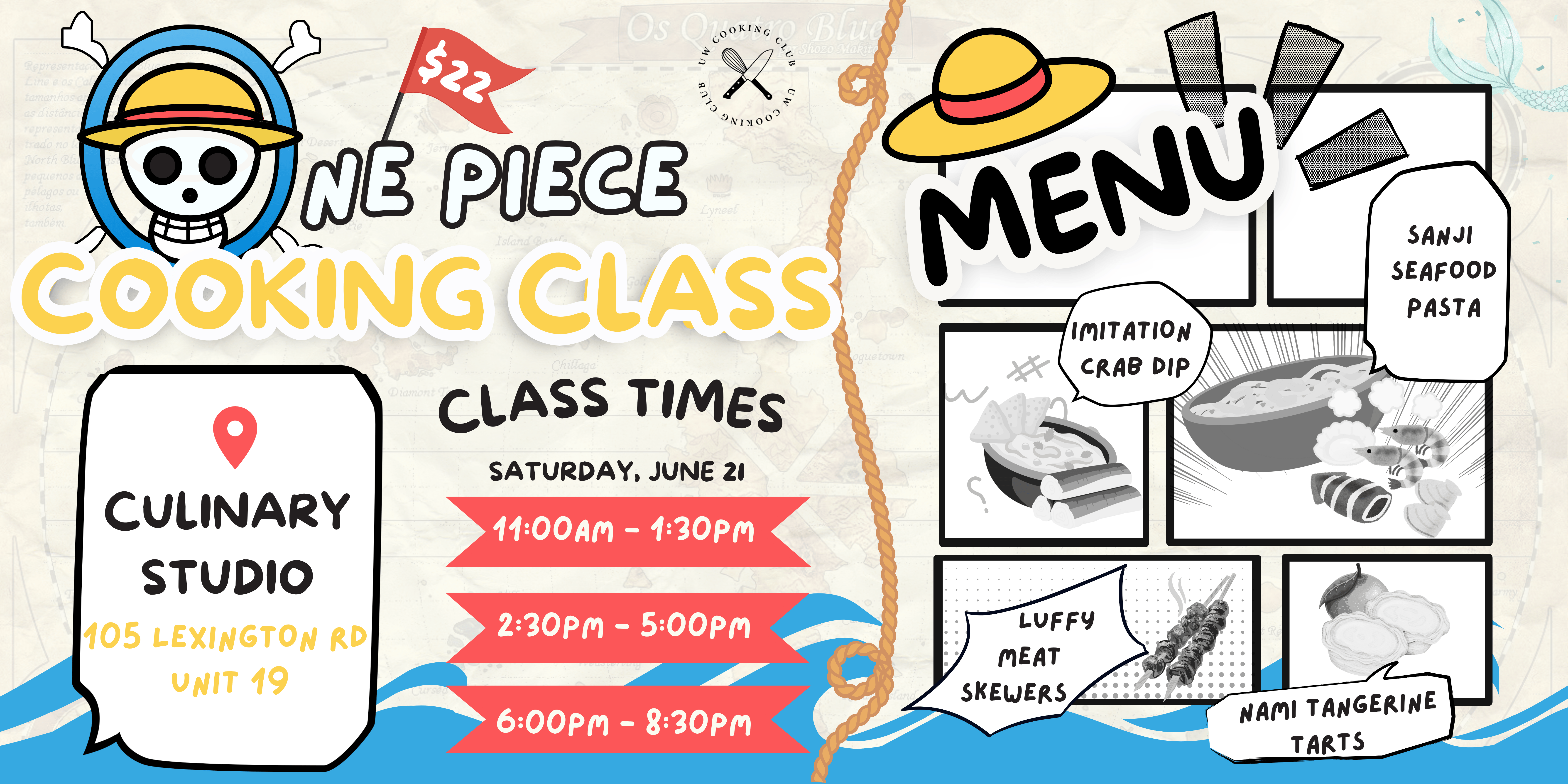 Colorful One Piece-themed cooking class flyer with class times, location, and illustrated menu items.