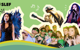 A group of students including musicians performing, and a woman in blue wings with an SLEF logo above showcase the vibrant energy at the EOI and SLEF funded events.