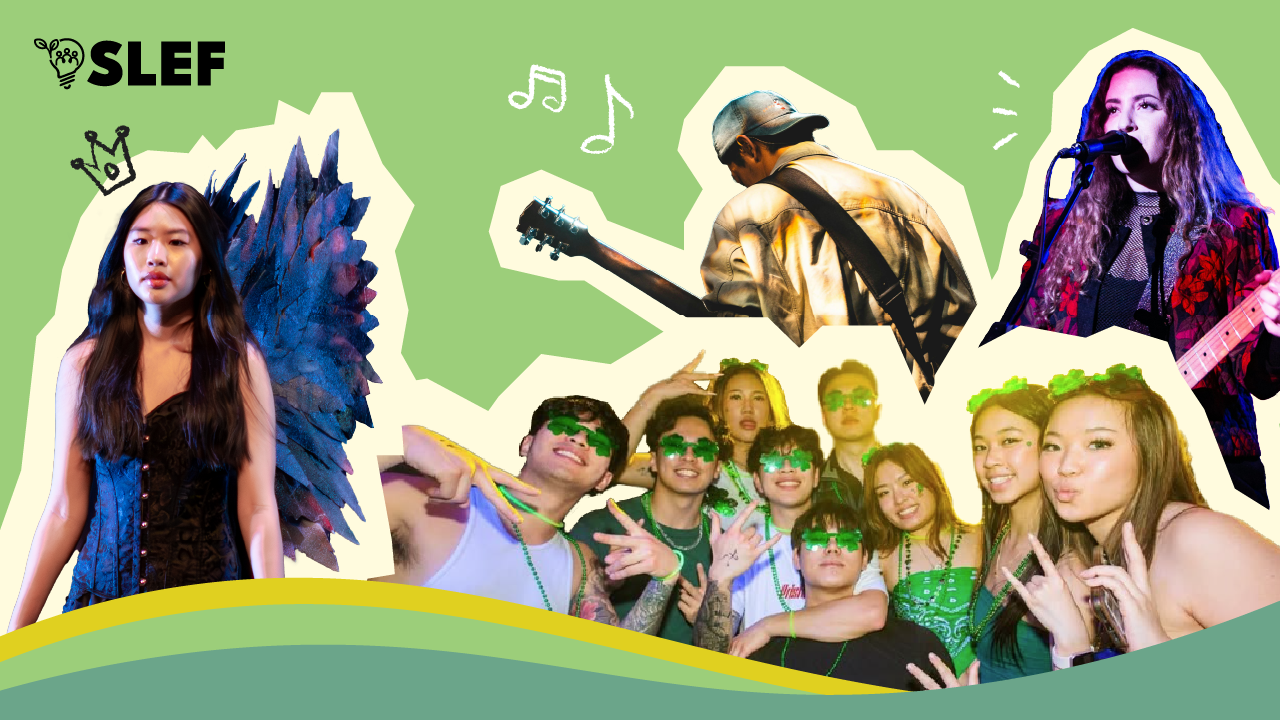 A group of students including musicians performing, and a woman in blue wings with an SLEF logo above showcase the vibrant energy at the EOI and SLEF funded events.