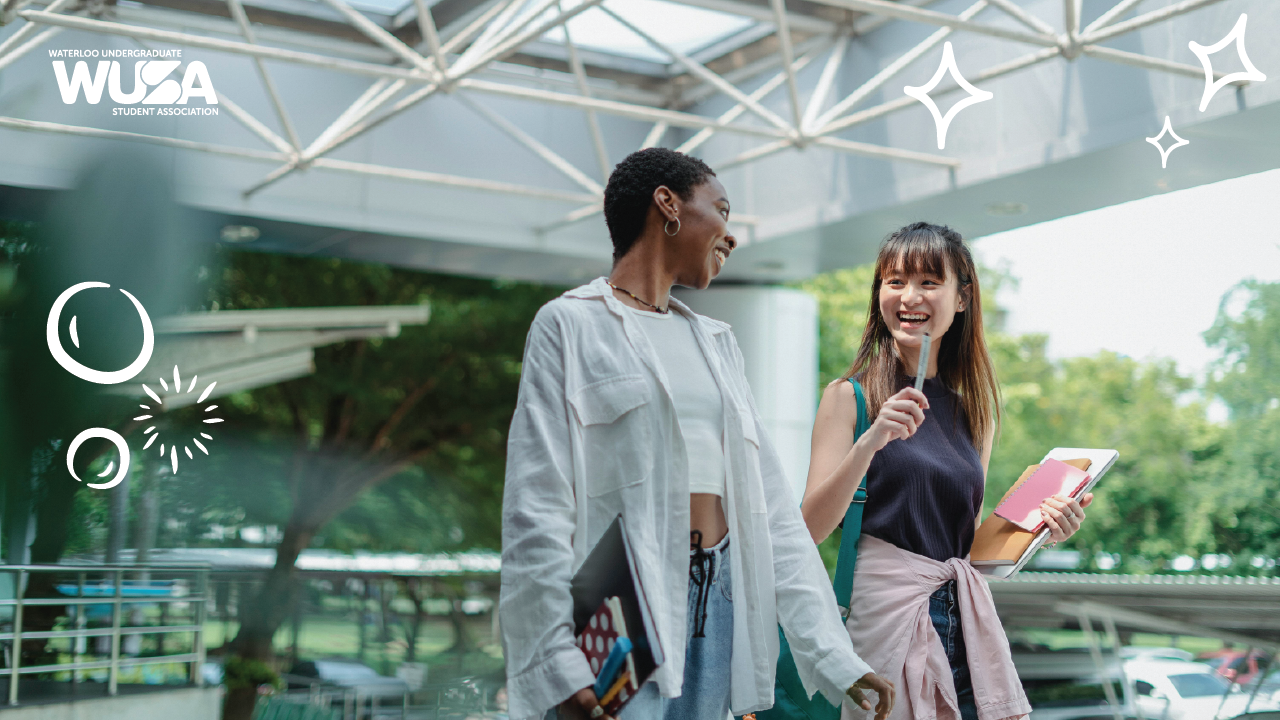 Two students walking and smiling outdoors, holding books, with the WUSA logo and decorative graphics overlay. Meet Your Directors in this vibrant campus scene.