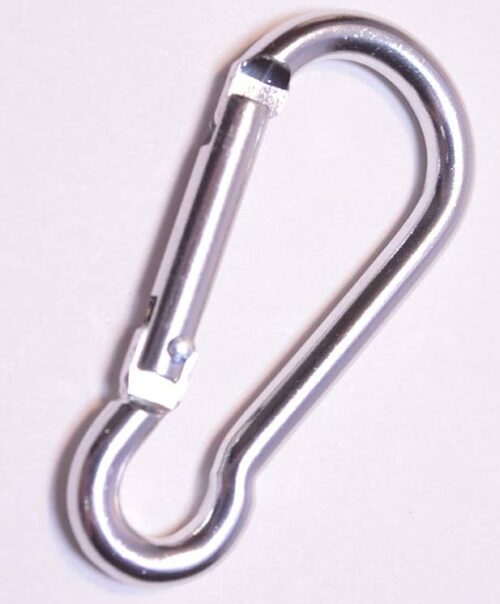 A silver metal carabiner clip on a light background—ideal for Engineering Orientation Leaders to display their Engineering Orientation Leader T-Shirt Name Customization with ease.