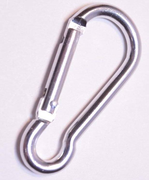 A silver metal carabiner clip on a light background—ideal for Engineering Orientation Leaders to display their Engineering Orientation Leader T-Shirt Name Customization with ease.