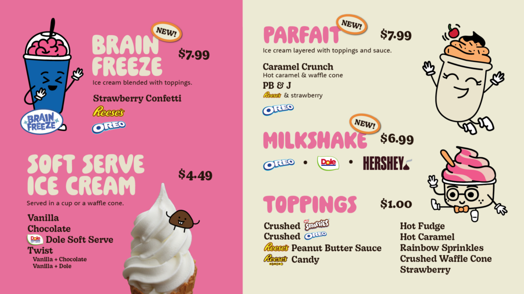 Menu with cartoon drinks and ice cream, listing prices and flavors for frozen treats and toppings.