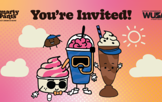 Cartoon ice cream treats with faces and arms invite you to a Smarty Party, with text "You’re Invited!" on a colorful background.