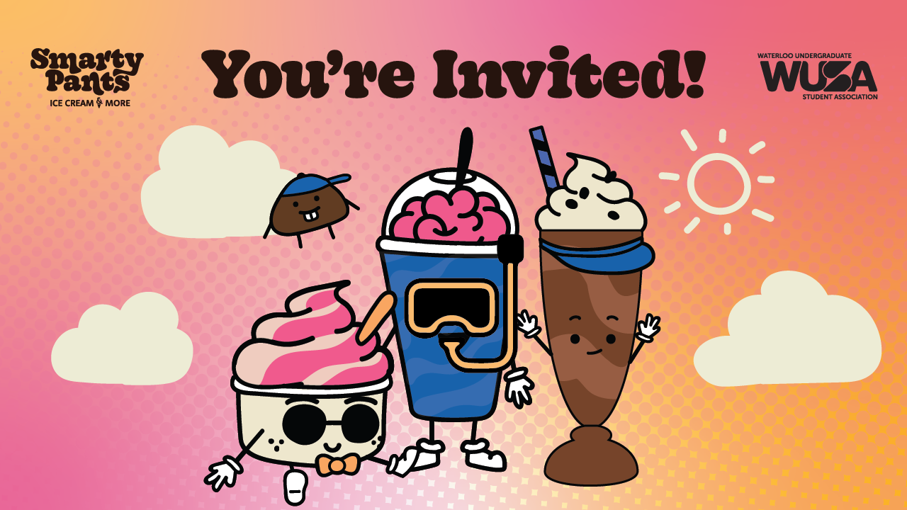 Cartoon ice cream treats with faces and arms invite you to a Smarty Party, with text "You’re Invited!" on a colorful background.