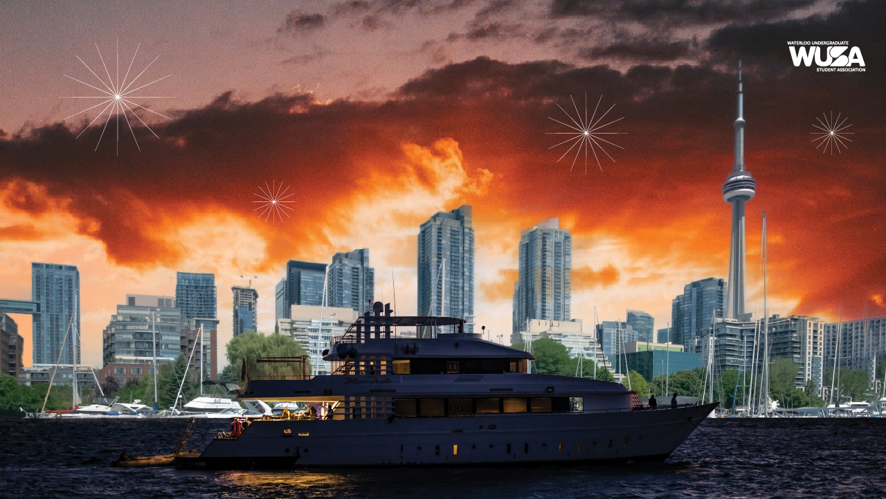 A yacht sails at sunset on a Boat Cruise through Toronto Harbour, with the city skyline and CN Tower in the background, under a dramatic orange sky.