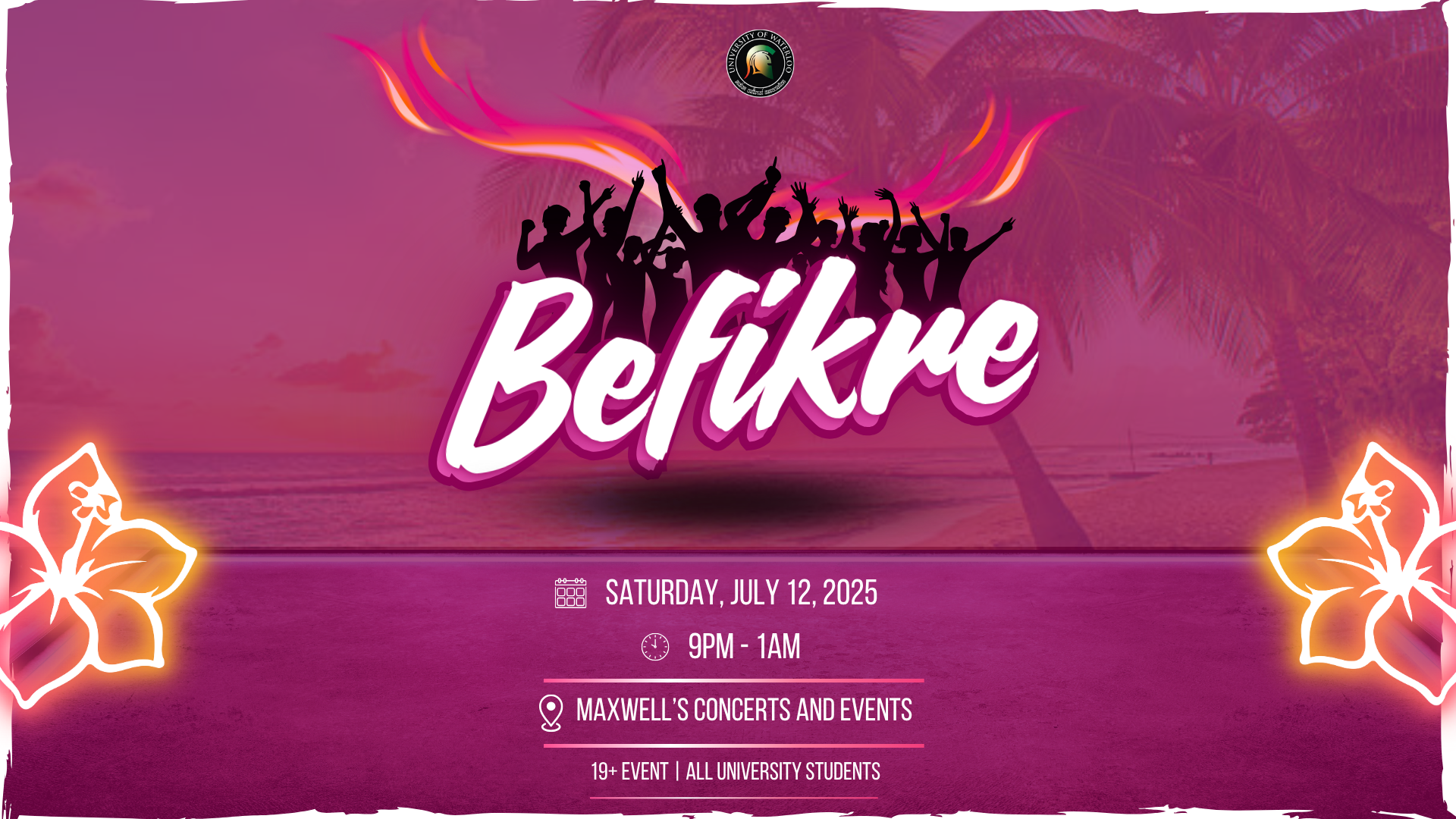 Silhouetted crowd with "Befikre" text, tropical beach background, and event details for a university party.
