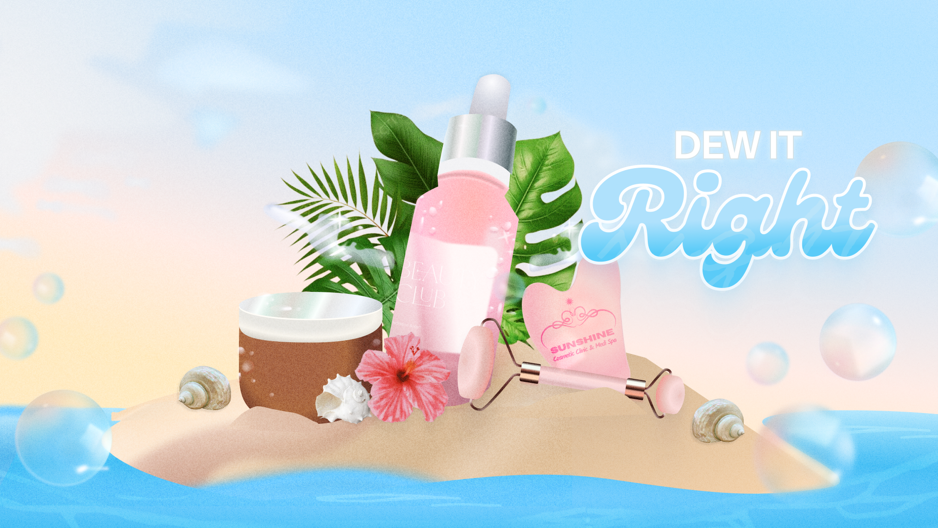 A pink serum bottle, coconut, and flowers rest on a sandy island with “Dew It Right” showcased in the background, inviting you to elevate your skincare ritual.