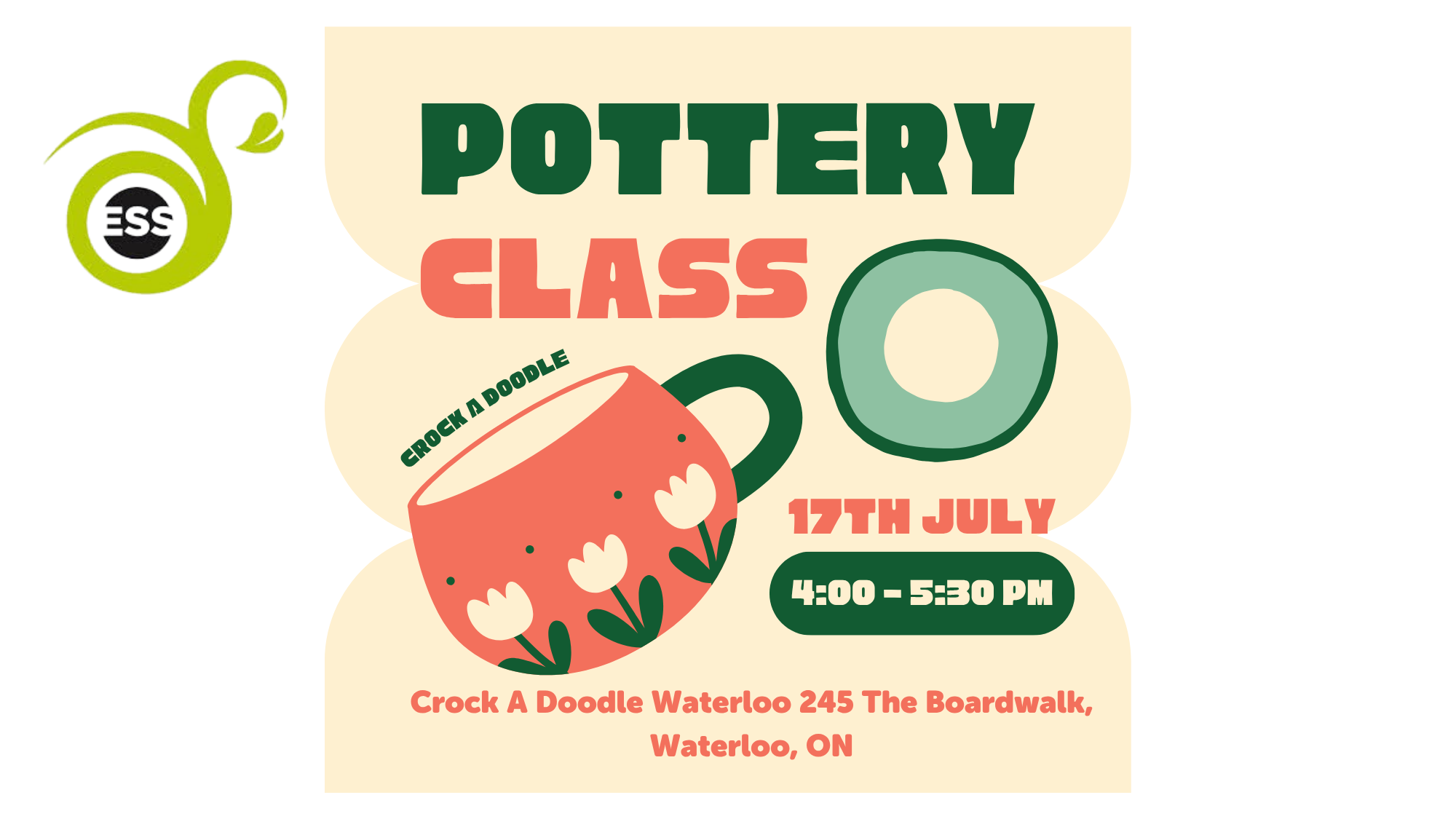 Poster for a Pottery Class on July 17, 4–5:30 PM at Crock A Doodle, 245 The Boardwalk, Waterloo, ON. Join us for creative pottery painting and fun!.